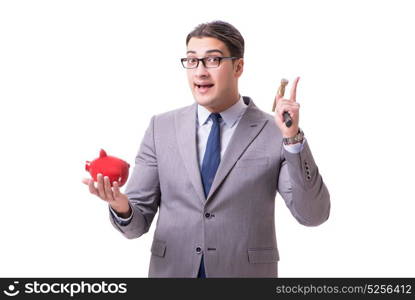 Businessman breaking piggybank isolated white background