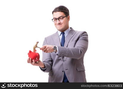 Businessman breaking piggybank isolated white background