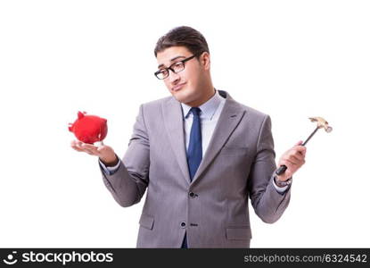 Businessman breaking piggybank isolated white background