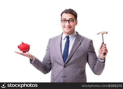 Businessman breaking piggybank isolated white background