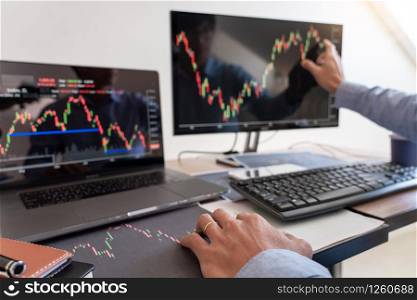 Businessman broker Analyzing finance data graphs and reports on screen for investment purposes for trading graph of stock market
