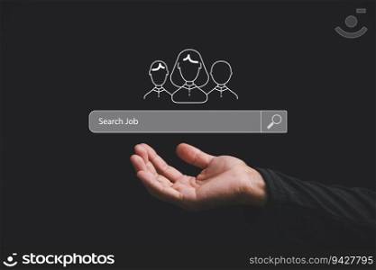 Businessman browsing the internet for data and information. Networking and information retrieval concept. Hand holding an internet search page on a touch screen, with copy space available, job search