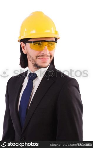 Businessman-builder in protective glasses isolated on white