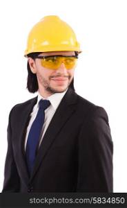 Businessman-builder in protective glasses isolated on white
