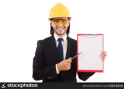 Businessman -builder with binder isolated on white