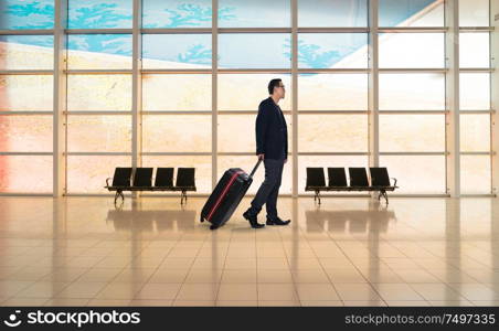 Businessman carrying suitcase while walking through a passenger waiting lounge