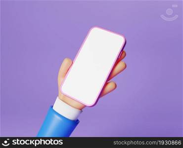Businessman cartoon character hand holding smartphone with white isolated screen display on purple background. Man hand using mobile phone mockup. Minimal business concept. 3D illustration rendering