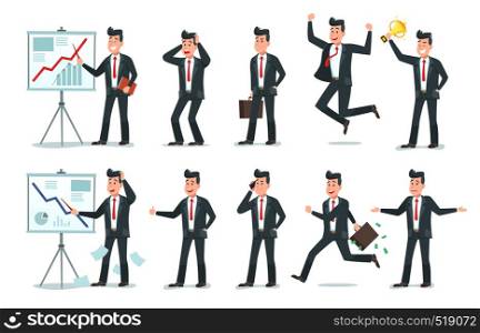 Businessman character. Office employee workers, tired finance worker and business characters. Young professional businessman or leadership worker. Cartoon vector illustration isolated icons set. Businessman character. Office employee workers, tired finance worker and business characters cartoon vector illustration set