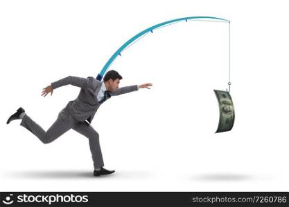 Businessman chasing money on fishing rod