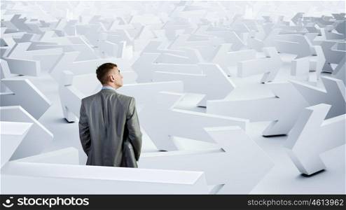 Businessman choosing his business direction. Confused young businessman in labyrinth choosing right way