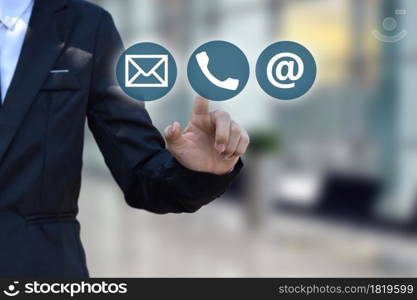 Businessman choosing virtual contact icon. CONTACT US (Customer Support Hotline people connect )