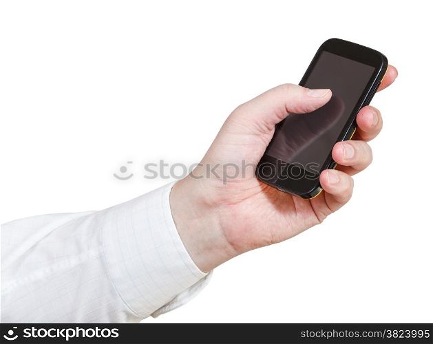 businessman clicking touchscreen phone isolated on white background