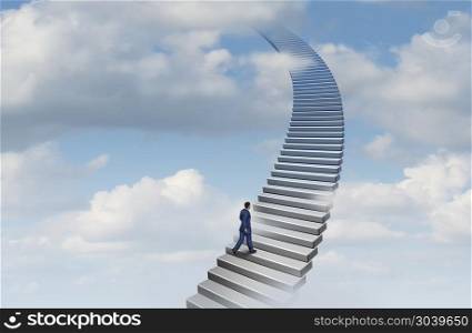 Businessman climbing a career ladder concept as a stairway going up as a success climb towards opportunity with 3D illustration elements.. Businessman Climbing A Career Ladder