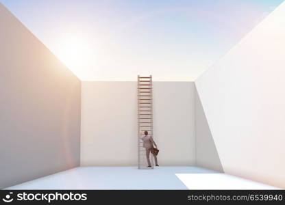 Businessman climbing a ladder to escape from problems