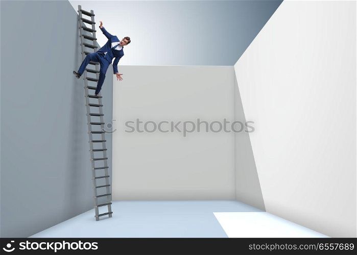 Businessman climbing a ladder to escape from problems