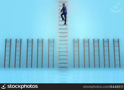 Businessman climbing career ladder in business success concept