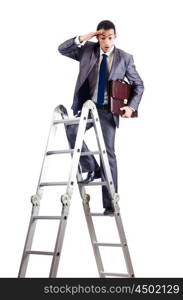 Businessman climbing career ladder on white