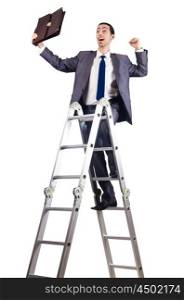 Businessman climbing career ladder on white