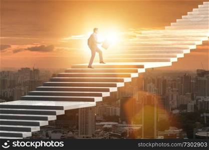 Businessman climbing career ladder over city