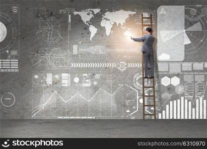 Businessman climbing ladder in global business concept