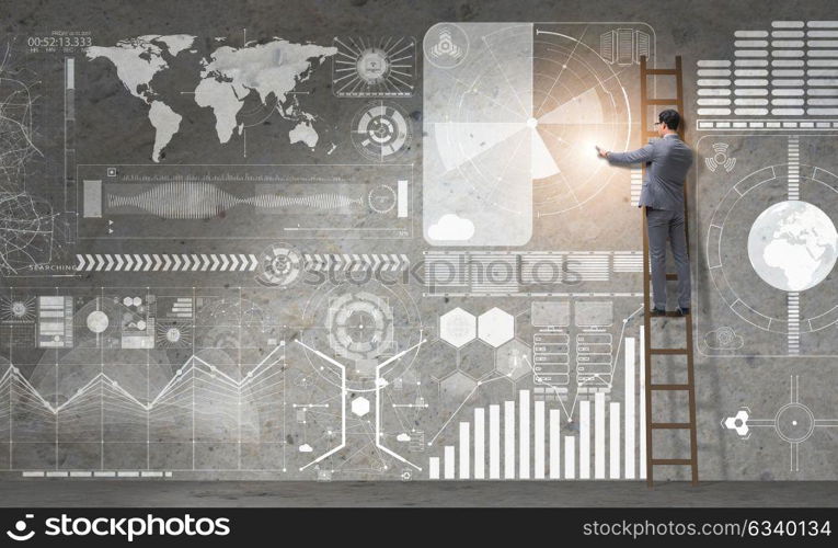 Businessman climbing ladder in global business concept