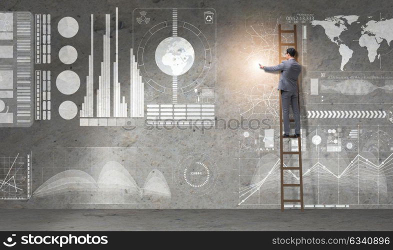 Businessman climbing ladder in global business concept