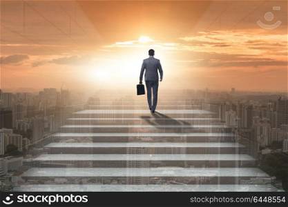 Businessman climbing up challenging career ladder in business concept. Businessman climbing up challenging career ladder in business co