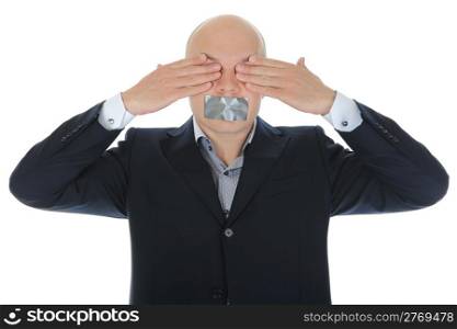 Businessman closing his eyes his hands. Isolated on white background