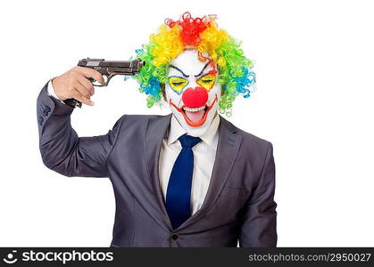 Businessman clown with gun isolated on white