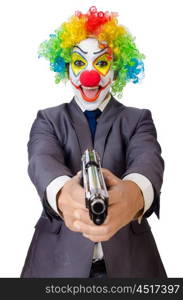 Businessman clown with gun isolated on white