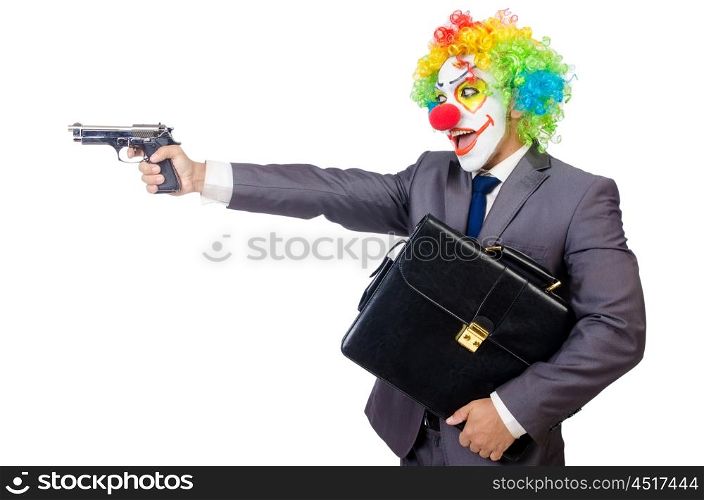 Businessman clown with gun isolated on white