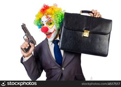 Businessman clown with gun isolated on white
