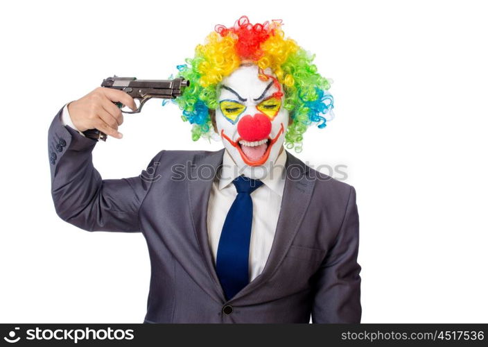 Businessman clown with gun isolated on white