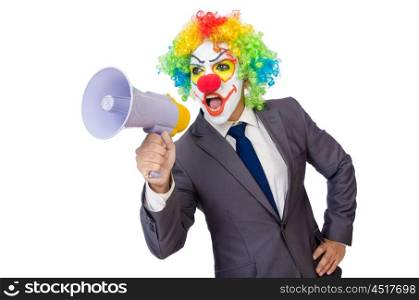 Businessman clown with loudspeaker on white