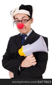 Businessman clown with loudspeaker on white