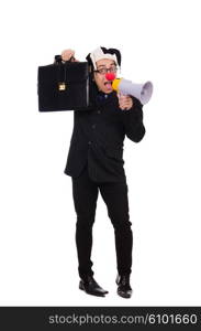 Businessman clown with loudspeaker on white