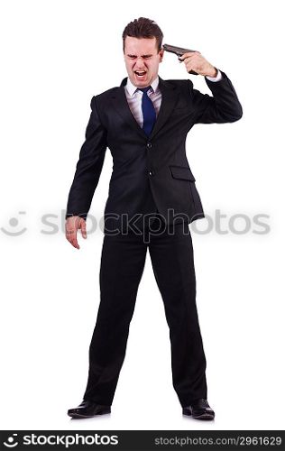 Businessman committing suicide isolated on white