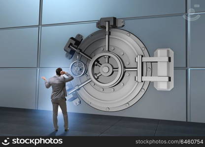 Businessman concerned about theft at banking vault door