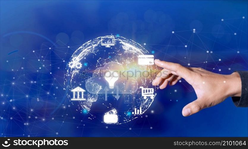 Businessman creates a virtual icon global internet connection metaverse internet connection application technology for global business and digital marketing Digital Link Technology Finance and Banking