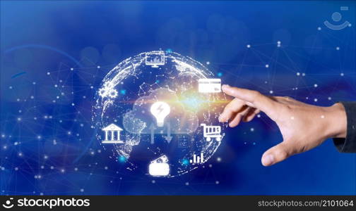 Businessman creates a virtual icon global internet connection metaverse internet connection application technology for global business and digital marketing Digital Link Technology Finance and Banking