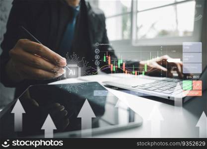 Businessman displaying a holographic chart with a growing arrow on a dark background. Stock market analysis and strategy. Digital technology and data analysis is the future.