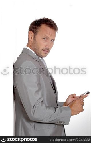 Businessman doing expressions on white background