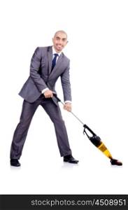 Businessman doing vacuum cleaning on white