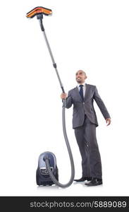 Businessman doing vacuum cleaning on white