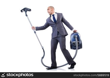 Businessman doing vacuum cleaning on white