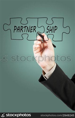 Businessman drawing partnership puzzle pieces