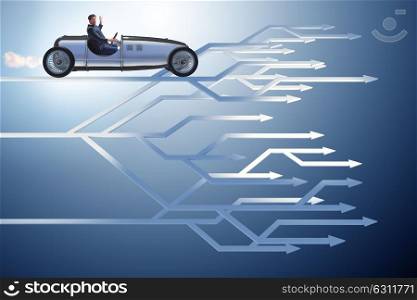 Businessman driving sports car choosing different career paths. The businessman driving sports car choosing different career paths