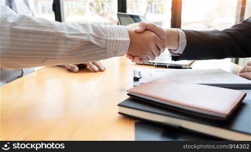 businessman employee candidate shaking hands with company leader HR manager or boss in office after successful negotiation, recruitment career and placement interview concept