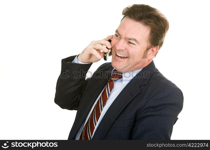 Businessman enjoying a pleasant cellphone conversation. Isolated on white.