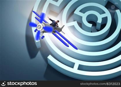 Businessman escaping from maze on airplane. The businessman escaping from maze on airplane